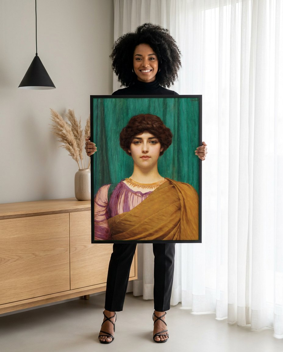 Quadro Decorativo A Jovem Grega - John William Godward | modelo apresentando o quadro emoldurado