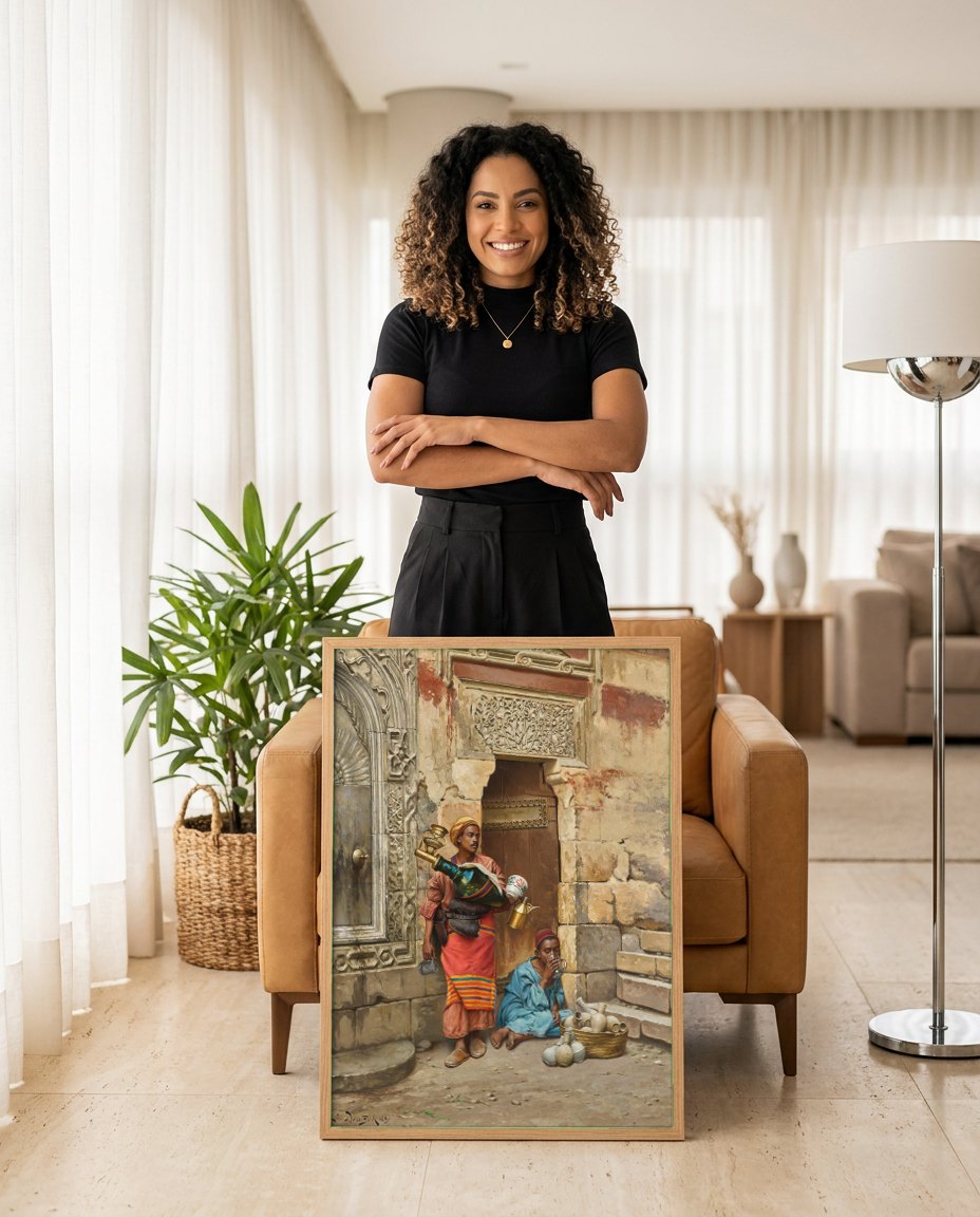 Quadro Decorativo Cena de Rua Oriental – Ludwig Deutsch | modelo apresentando o quadro emoldurado