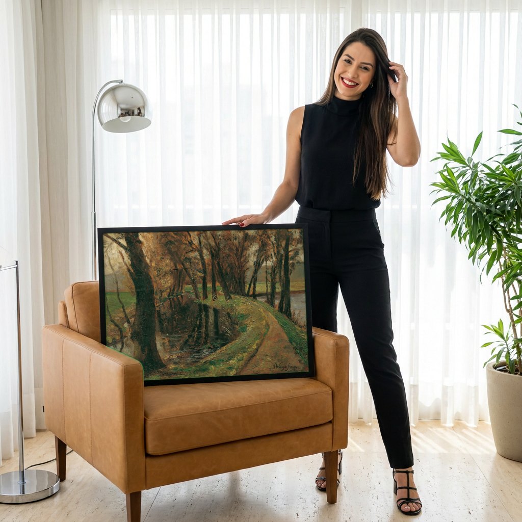 Quadro Decorativo Caminho na Floresta - Olga Wisinger-Florian | modelo apresentando o quadro emoldurado
