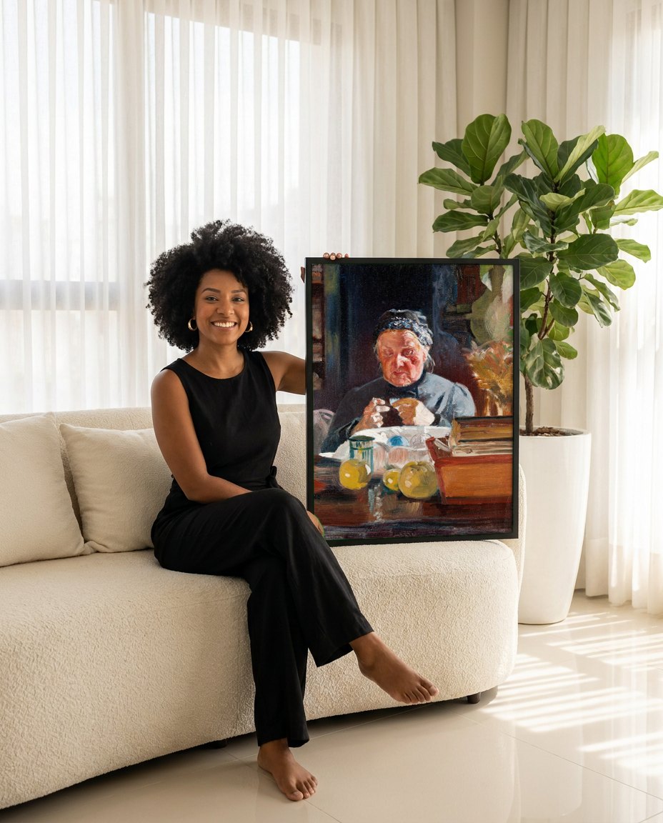 Quadro Decorativo A Tricoteira - Jacek Malczewski | modelo apresentando o quadro emoldurado