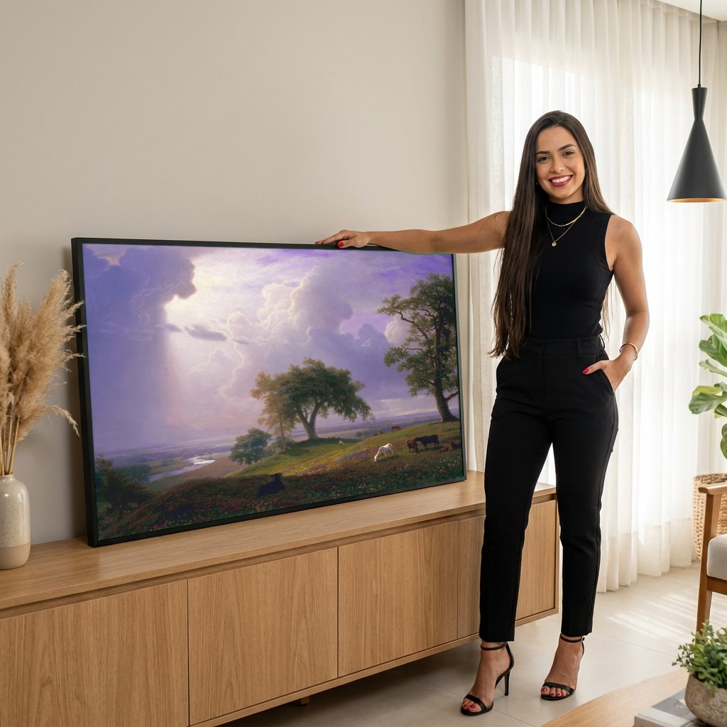 Quadro Decorativo Paisagem com Nuvens - Albert Bierstadt | modelo apresentando o quadro emoldurado