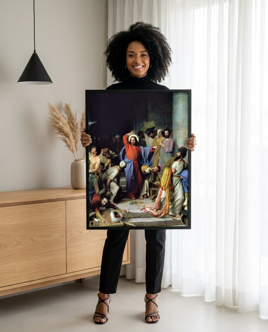 Quadro Decorativo A Purificação do Templo - Carl Bloch | modelo apresentando o quadro emoldurado