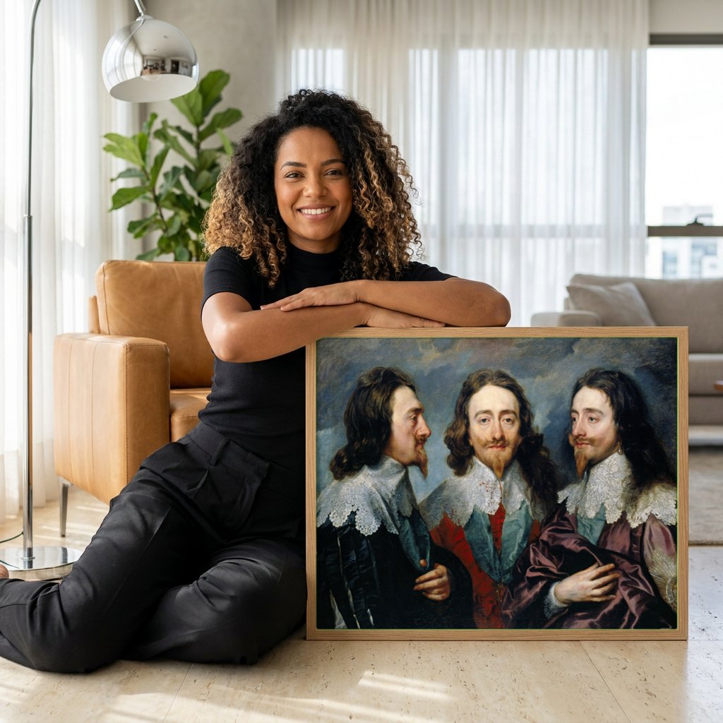 Quadro Decorativo Triplo Retrato de Carlos I - Van Dyck | modelo apresentando o quadro emoldurado