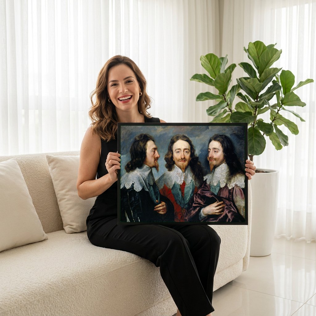 Quadro Decorativo Triplo Retrato de Carlos I - Van Dyck | modelo apresentando o quadro emoldurado