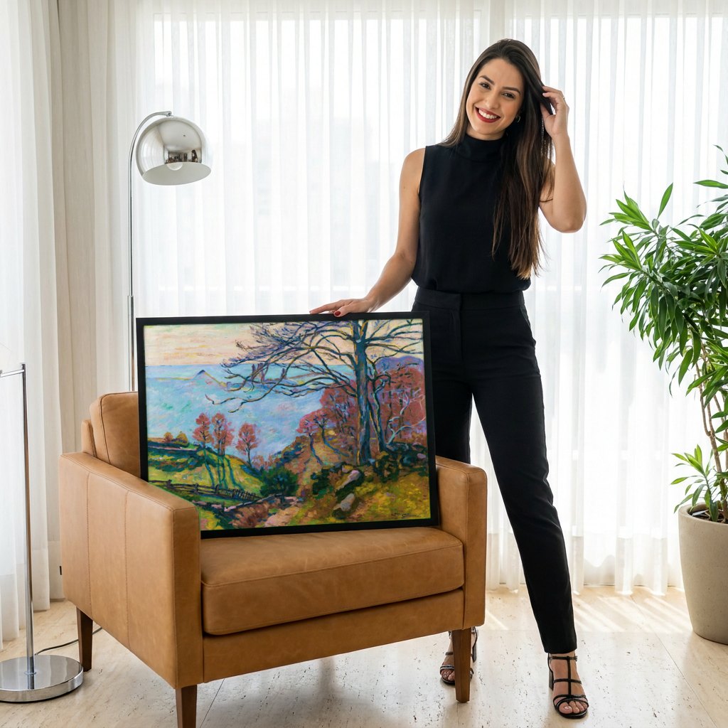 Quadro Decorativo Paisagem Costeira - Guillaumin | modelo apresentando o quadro emoldurado
