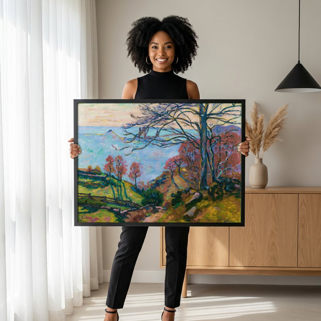 Quadro Decorativo Paisagem Costeira - Guillaumin | modelo apresentando o quadro emoldurado