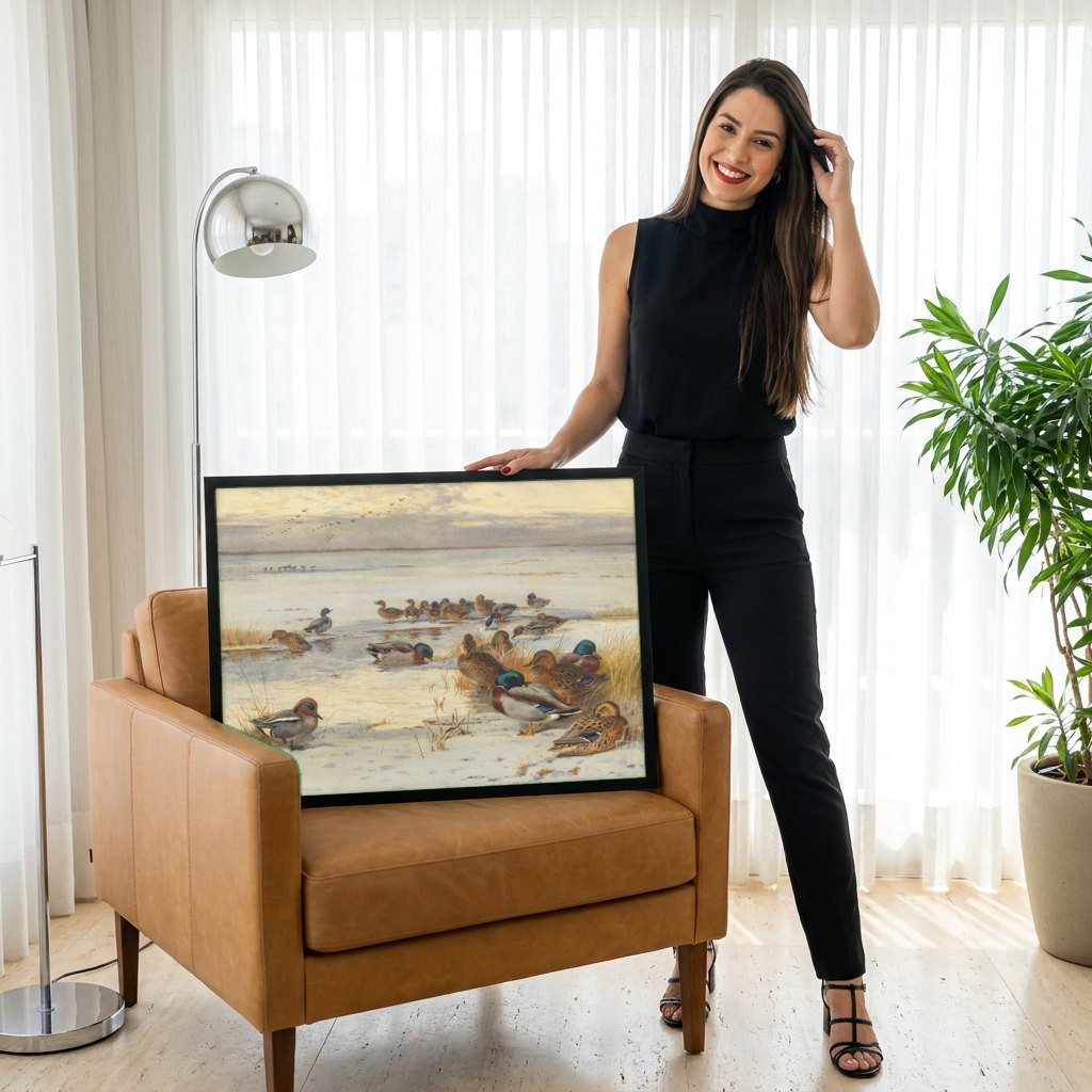 Quadro Decorativo Patos no Gelo - Archibald Thorburn | modelo apresentando o quadro emoldurado