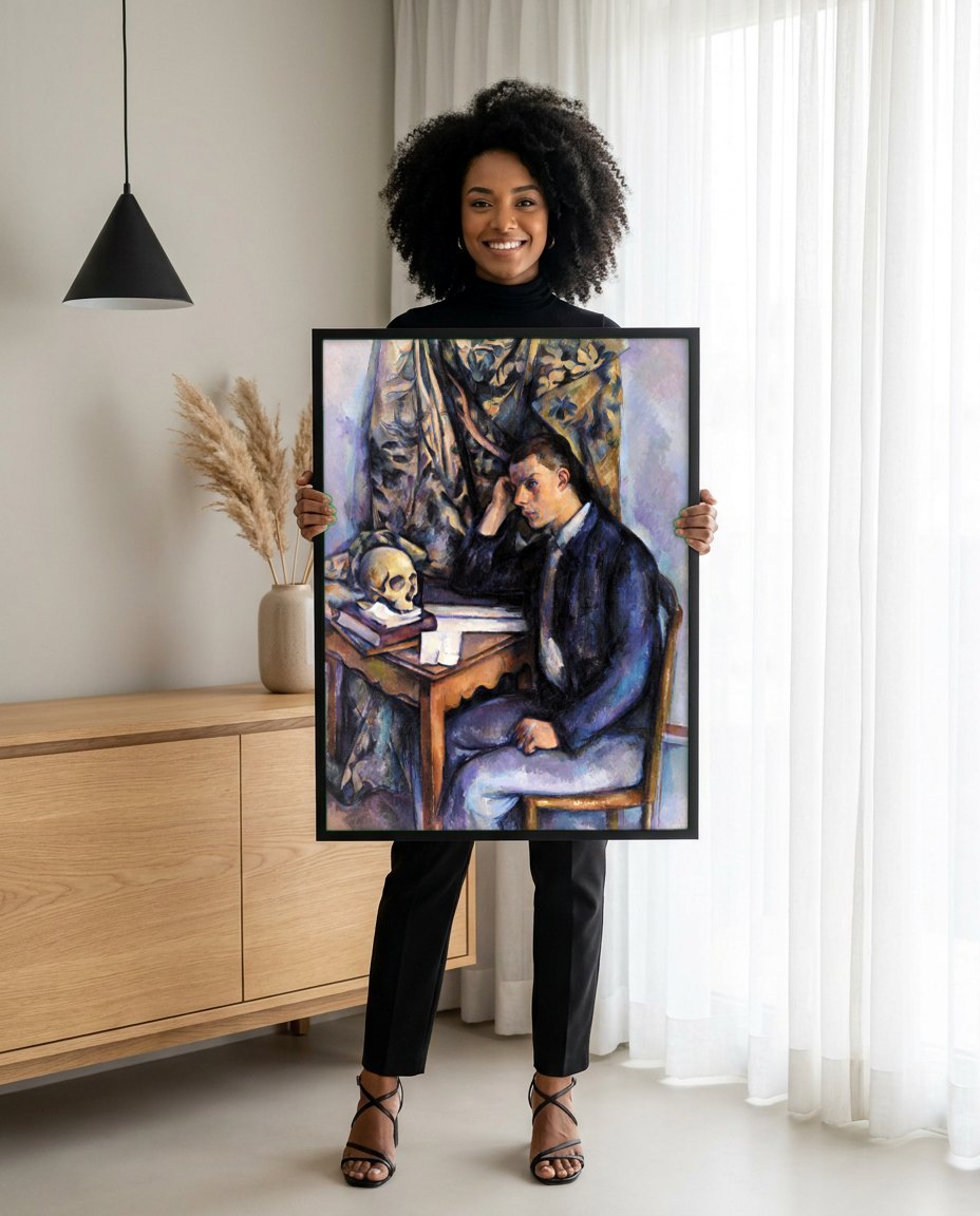 Quadro Decorativo Jovem com Crânio - Paul Cézanne | modelo apresentando o quadro emoldurado