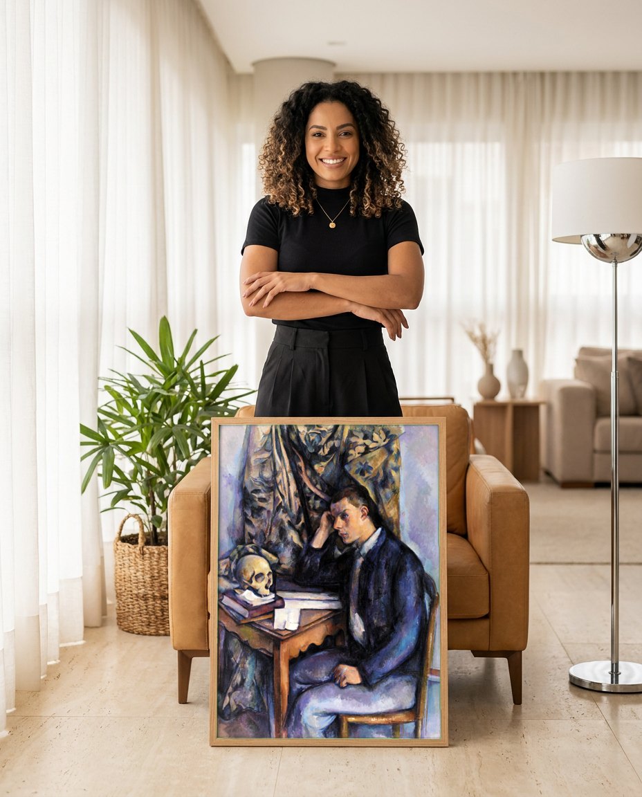 Quadro Decorativo Jovem com Crânio - Paul Cézanne | modelo apresentando o quadro emoldurado