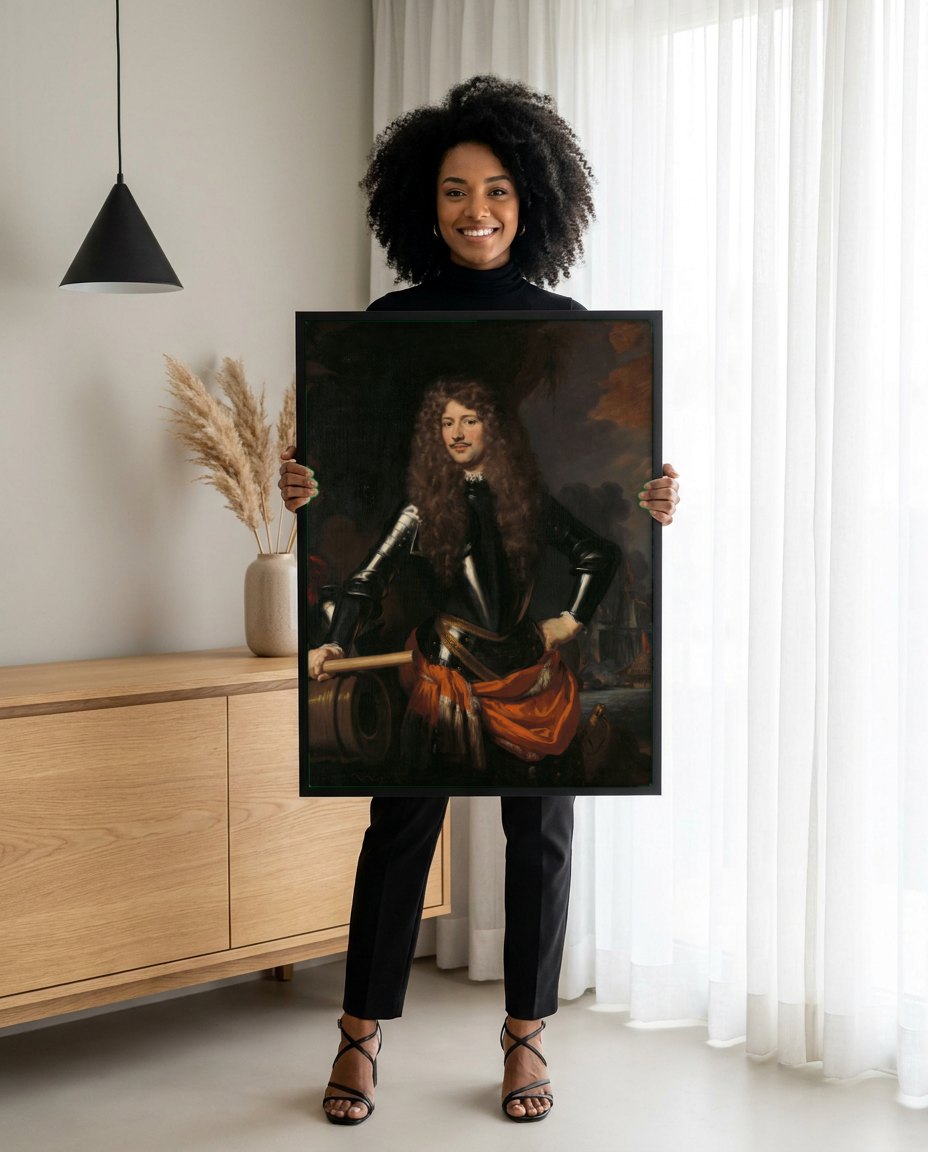 Quadro Decorativo Retrato de Homem - Nicolaes Maes | modelo apresentando o quadro emoldurado