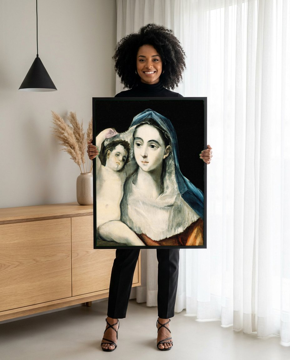 Quadro Decorativo A Virgem e o Menino - El Greco | modelo apresentando o quadro emoldurado