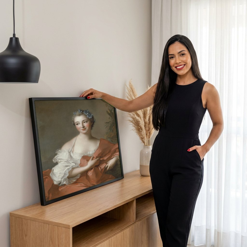 Quadro Decorativo Retrato de Dama com Flores Azuis - Jean Marc Nattier | modelo apresentando o quadro emoldurado