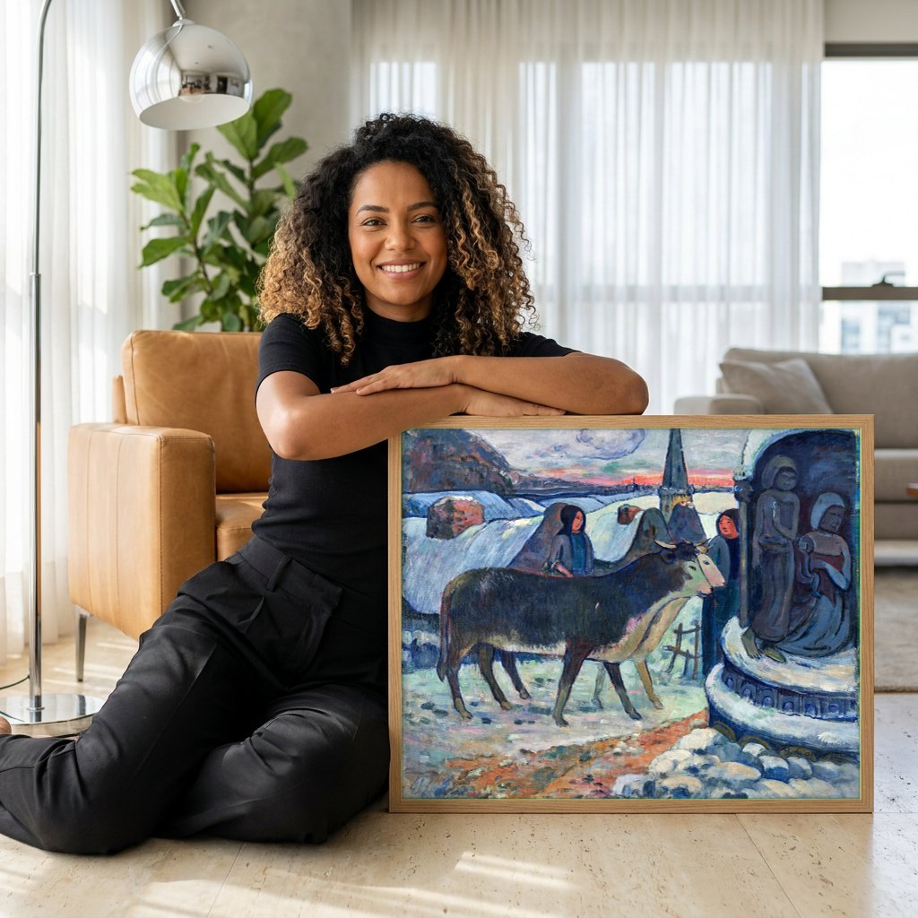 Quadro Decorativo A Oferta de Neve - Paul Gauguin | modelo apresentando o quadro emoldurado