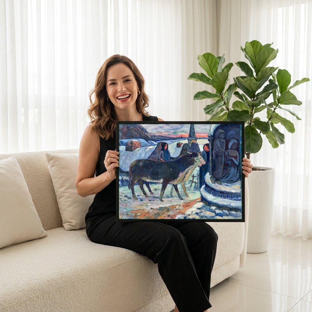 Quadro Decorativo A Oferta de Neve - Paul Gauguin | modelo apresentando o quadro emoldurado