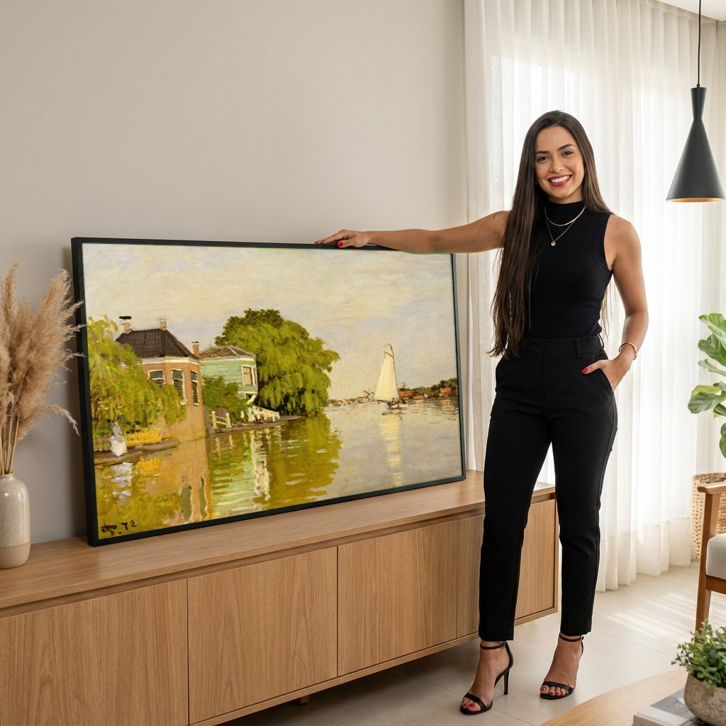 Quadro Decorativo Casas à Beira do Canal - Monet | modelo apresentando o quadro emoldurado