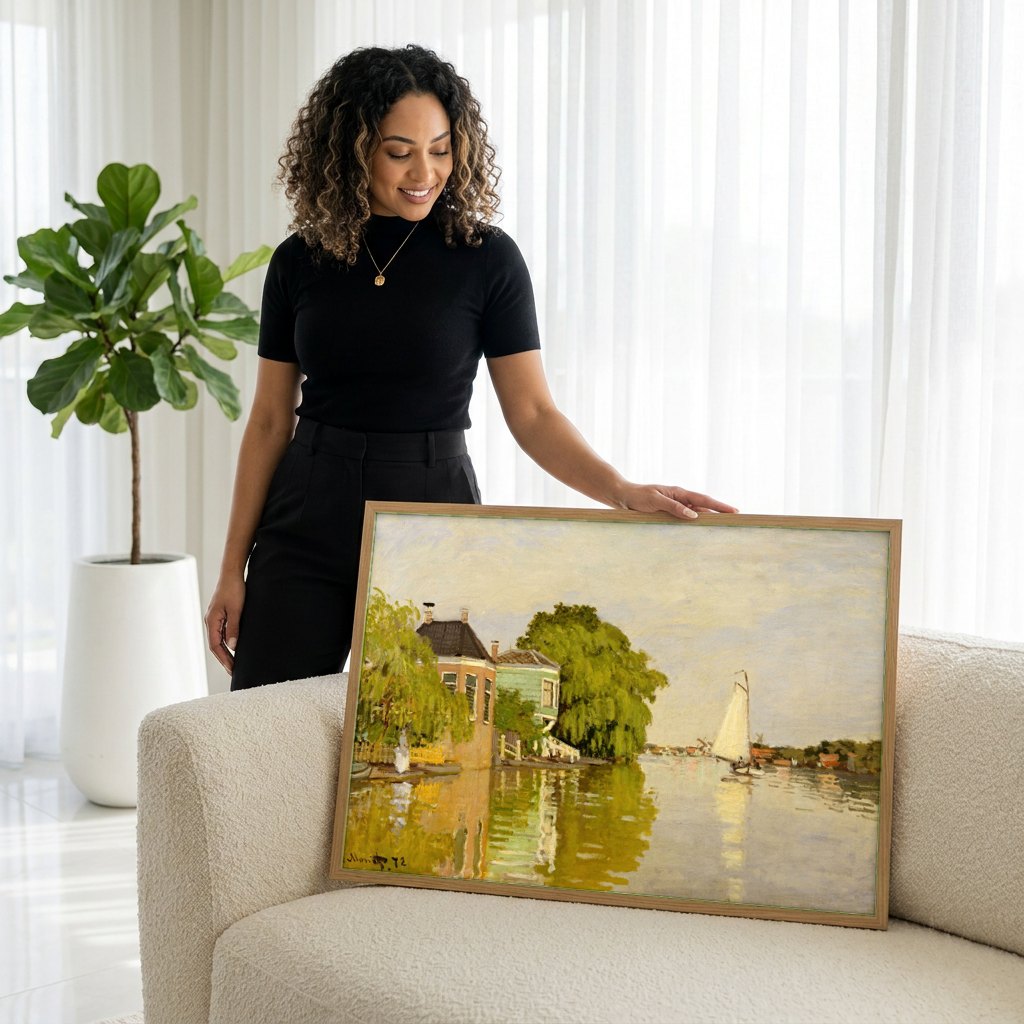 Quadro Decorativo Casas à Beira do Canal - Monet | modelo apresentando o quadro emoldurado
