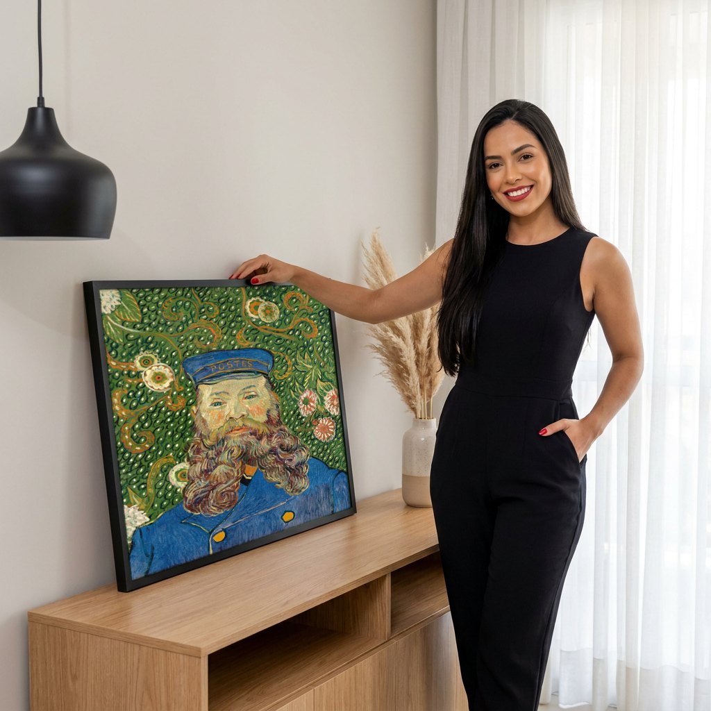Quadro Decorativo Retrato de Joseph Roulin - Van Gogh | modelo apresentando o quadro emoldurado