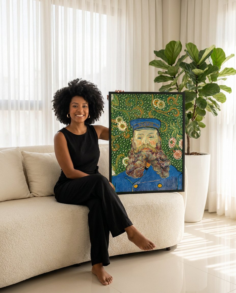 Quadro Decorativo Retrato de Joseph Roulin - Van Gogh | modelo apresentando o quadro emoldurado