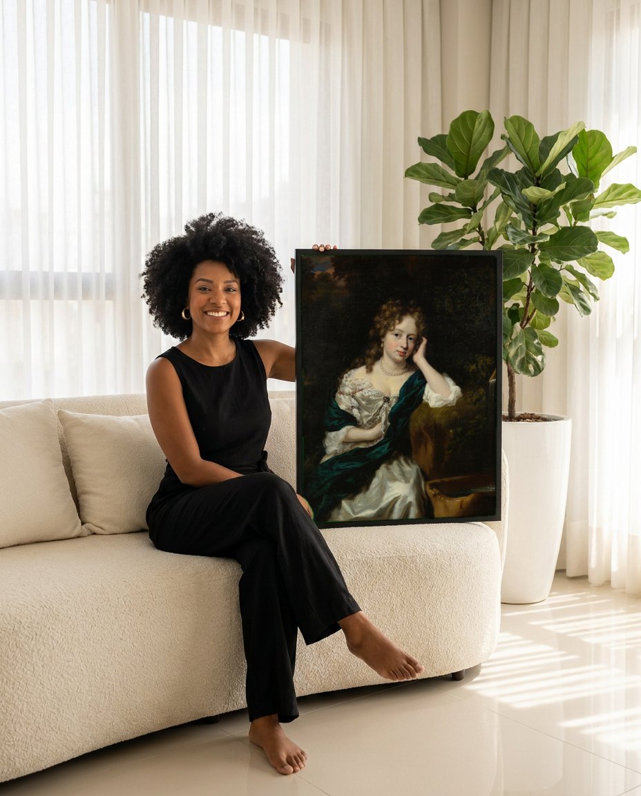 Quadro Decorativo Retrato Feminino - Nicolaes Maes | modelo apresentando o quadro emoldurado