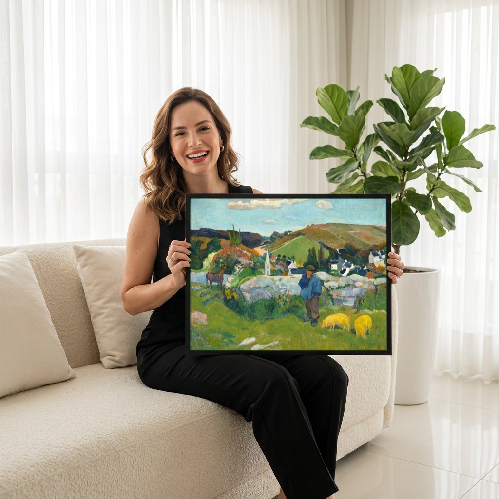 Quadro Decorativo A Paisagem Verde - Paul Gauguin | modelo apresentando o quadro emoldurado