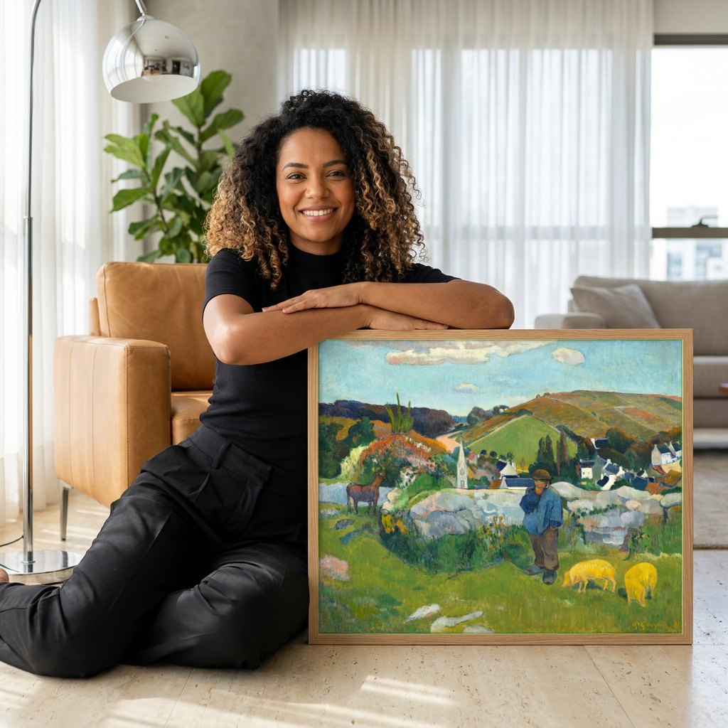 Quadro Decorativo A Paisagem Verde - Paul Gauguin | modelo apresentando o quadro emoldurado