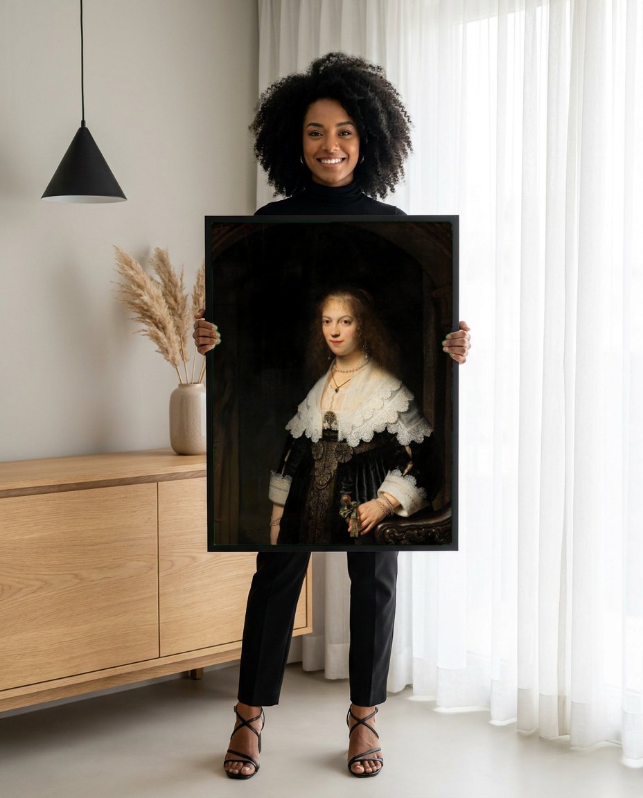 Quadro Decorativo A Jovem Mulher com Colar de Pérolas - Rembrandt | modelo apresentando o quadro emoldurado