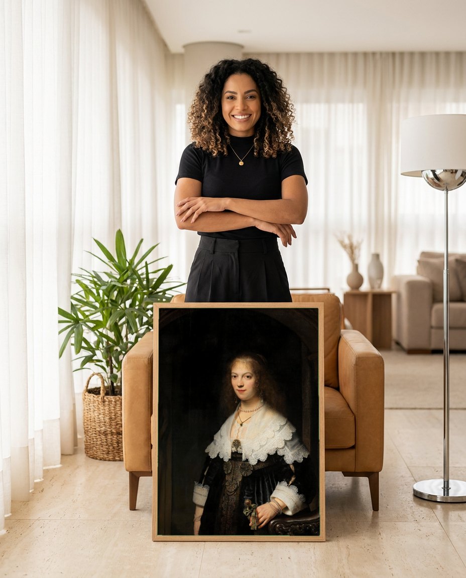Quadro Decorativo A Jovem Mulher com Colar de Pérolas - Rembrandt | modelo apresentando o quadro emoldurado