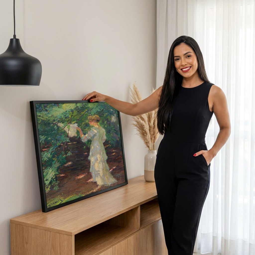 Quadro Decorativo Mulher com Guarda-Sol - Edward Cucuel | modelo apresentando o quadro emoldurado