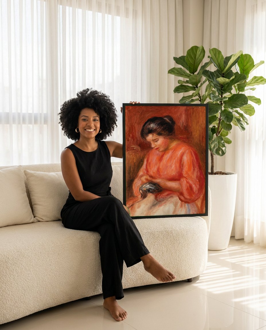 Quadro Decorativo Mulher Penteando Cabelo - Renoir | modelo apresentando o quadro emoldurado