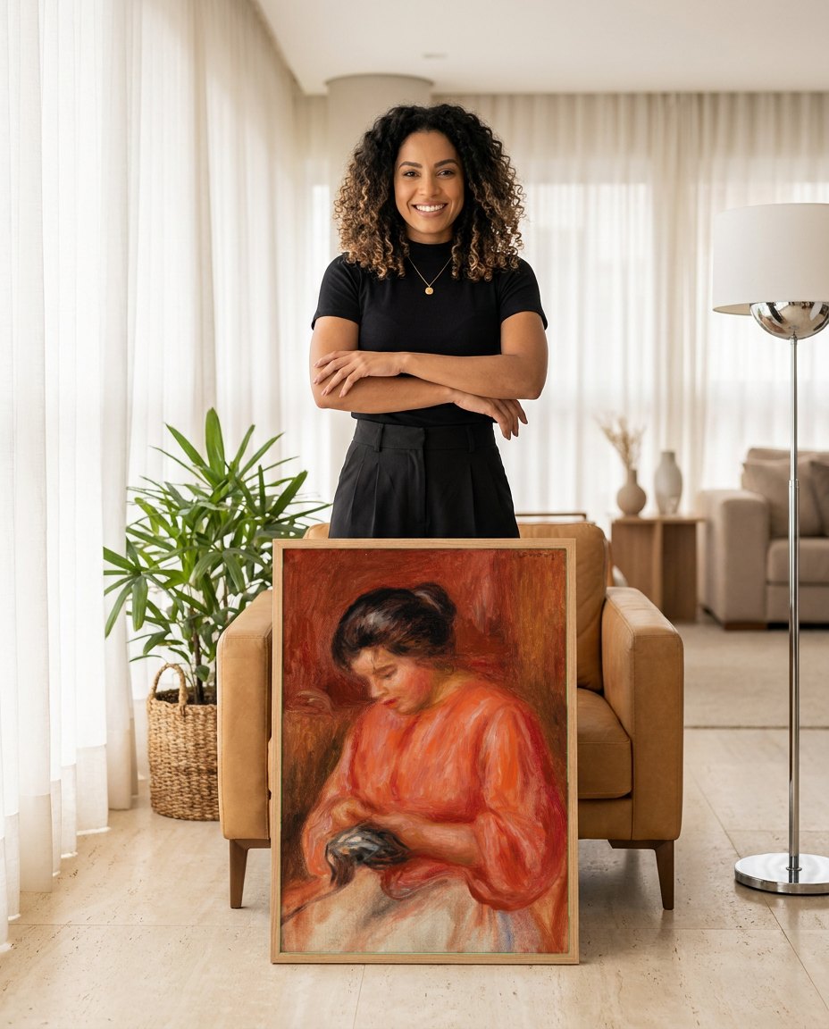 Quadro Decorativo Mulher Penteando Cabelo - Renoir | modelo apresentando o quadro emoldurado