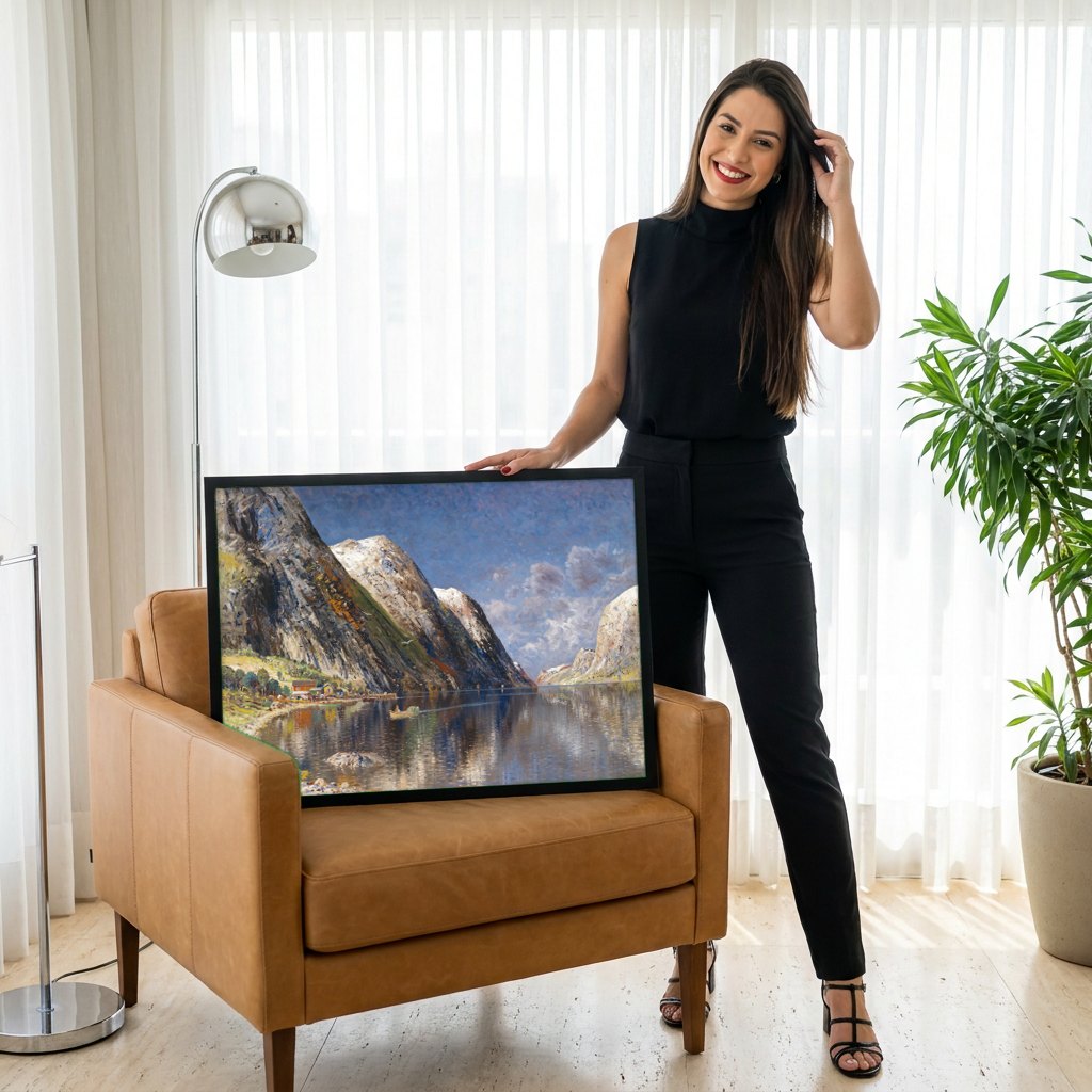 Quadro Decorativo Fiorde Norueguês - Karl Kaufmann | modelo apresentando o quadro emoldurado