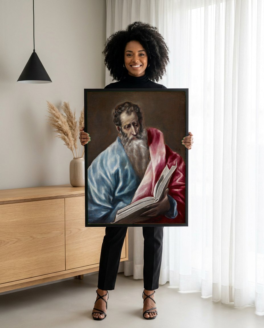 Quadro Decorativo São Paulo (Apóstolo) - El Greco | modelo apresentando o quadro emoldurado