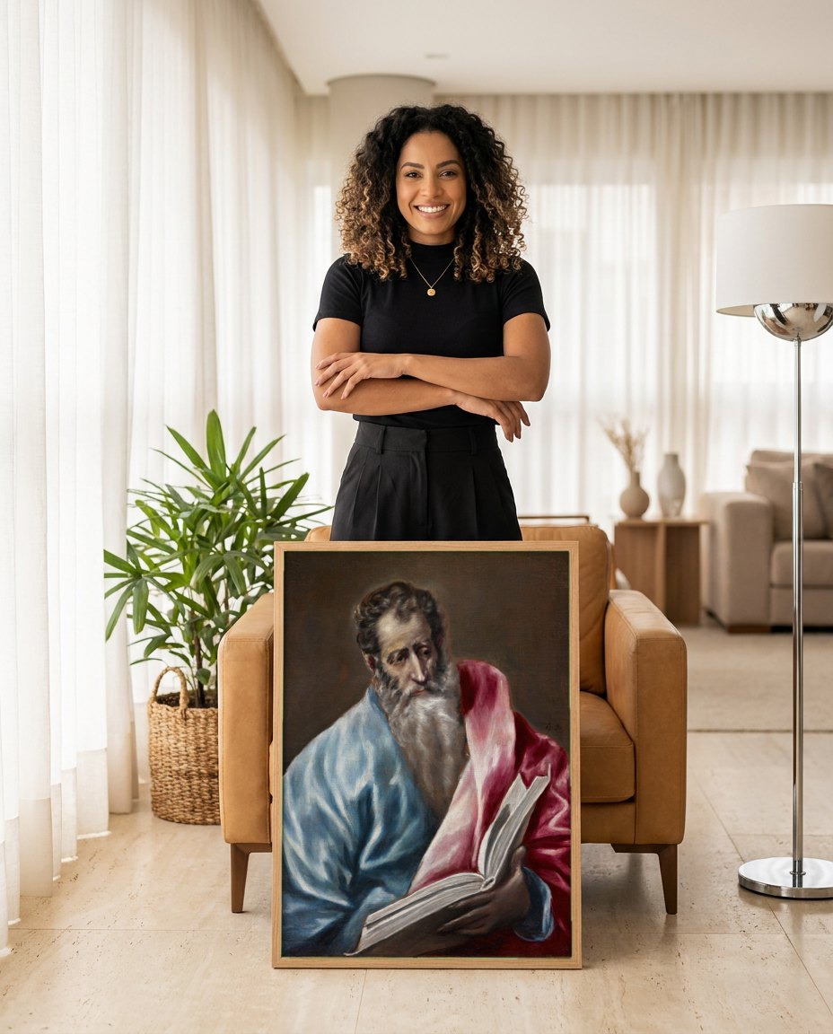 Quadro Decorativo São Paulo (Apóstolo) - El Greco | modelo apresentando o quadro emoldurado