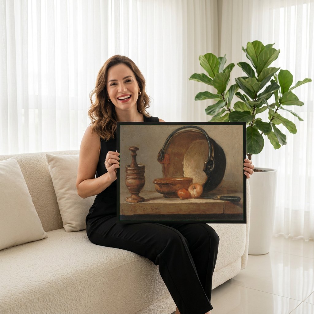 Quadro Decorativo Natureza-Morta com Caldeirão - Chardin | modelo apresentando o quadro emoldurado