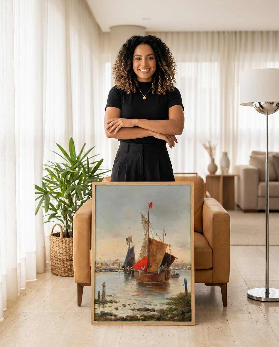 Quadro Decorativo Porto de Istambul - Karl Kaufmann | modelo apresentando o quadro emoldurado