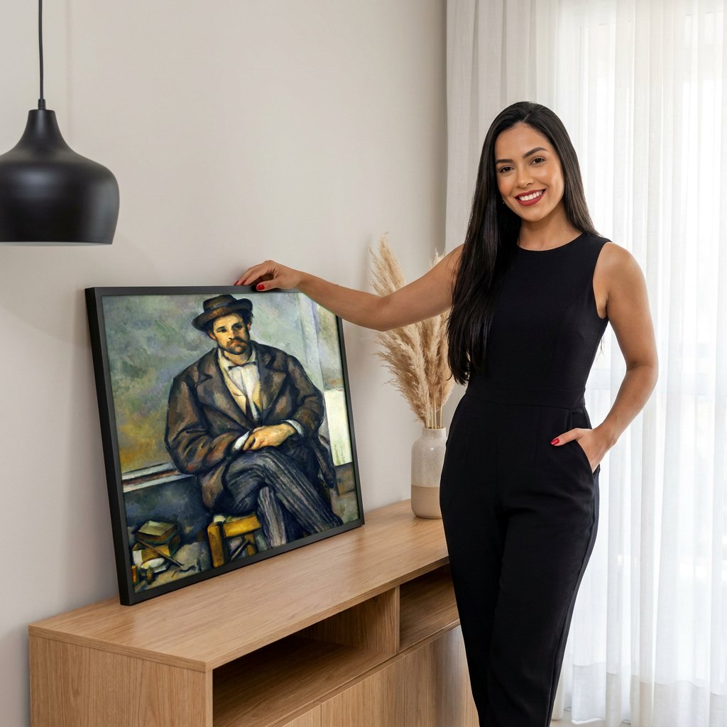 Quadro Decorativo O Homem do Chapéu - Paul Cézanne | modelo apresentando o quadro emoldurado