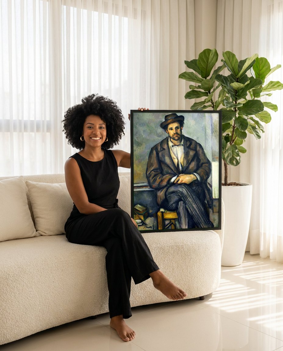 Quadro Decorativo O Homem do Chapéu - Paul Cézanne | modelo apresentando o quadro emoldurado