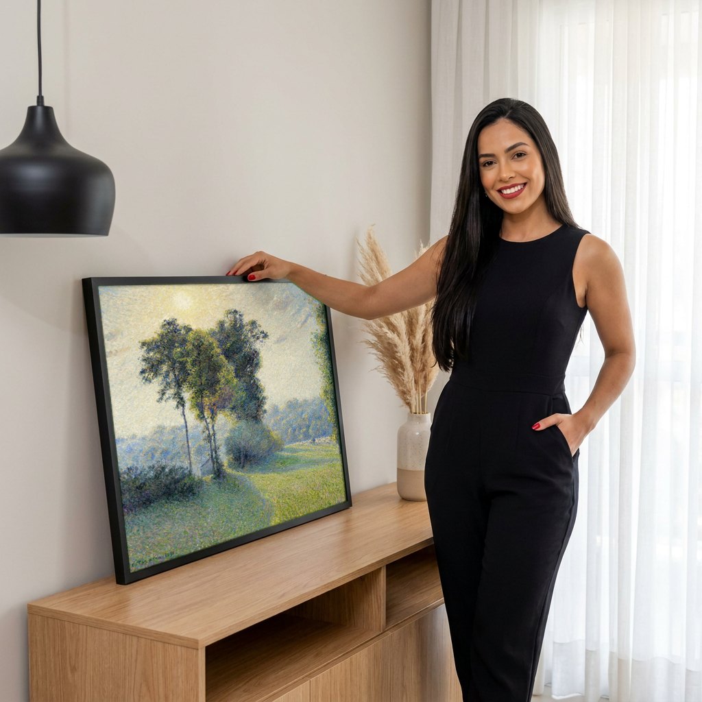 Quadro Decorativo Campo Iluminado - Camille Pissarro | modelo apresentando o quadro emoldurado