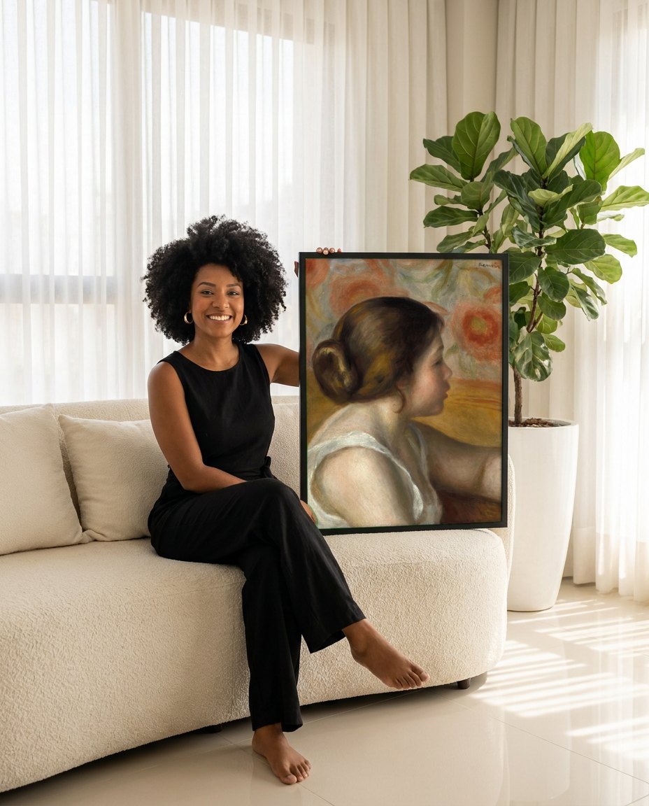 Quadro Decorativo Jovem Mulher de Perfil - Renoir | modelo apresentando o quadro emoldurado