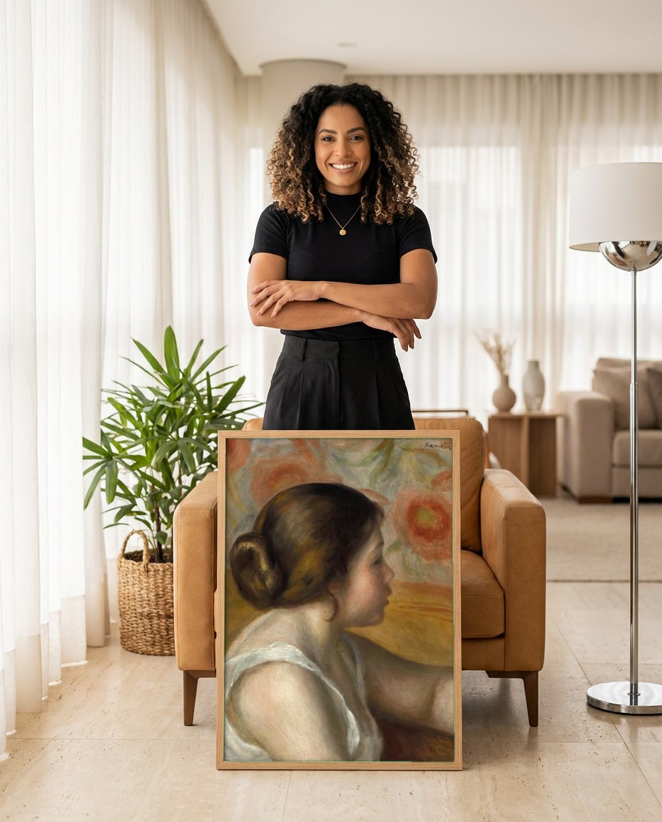 Quadro Decorativo Jovem Mulher de Perfil - Renoir | modelo apresentando o quadro emoldurado