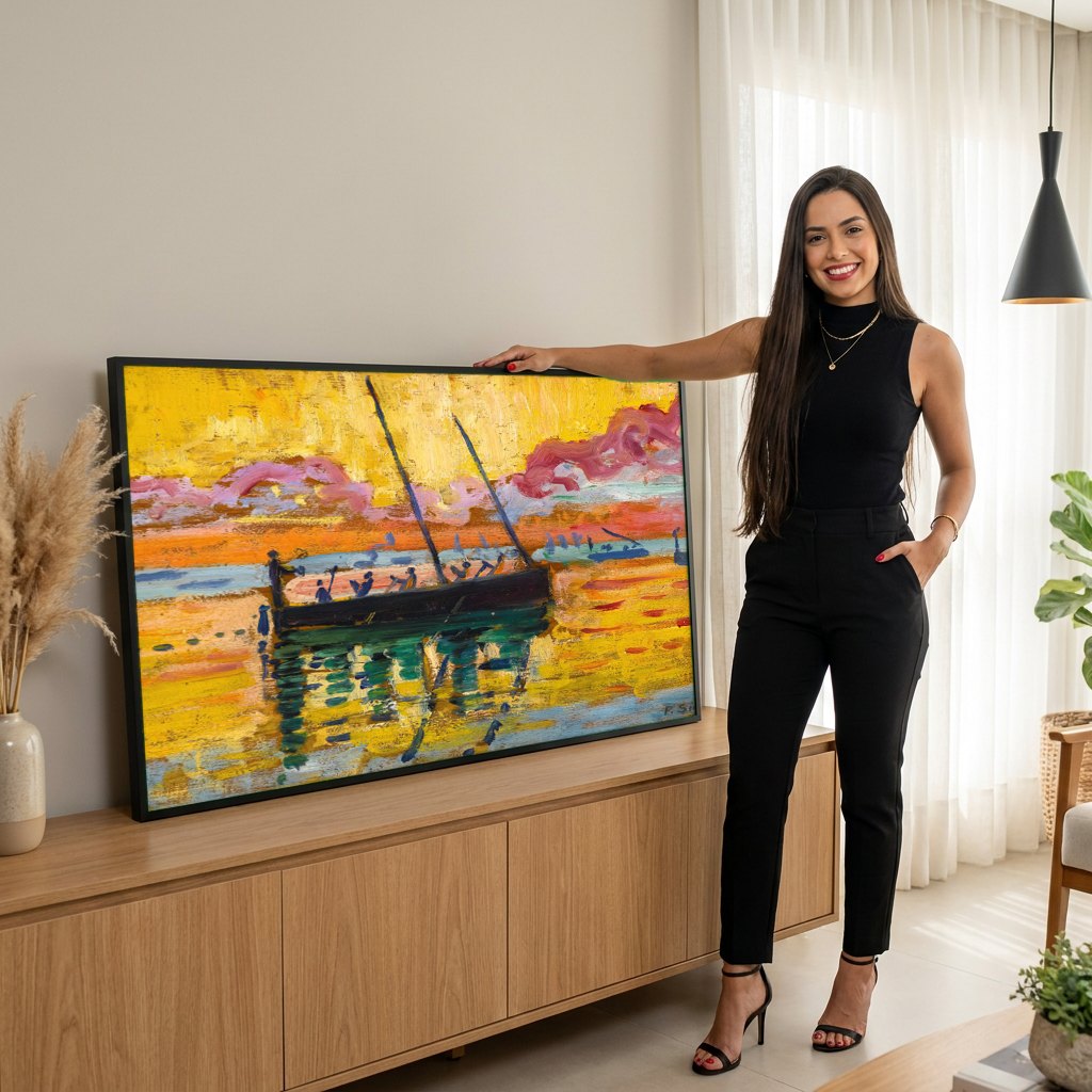 Quadro Decorativo Marinha ao Pôr do Sol - Paul Signac | modelo apresentando o quadro emoldurado