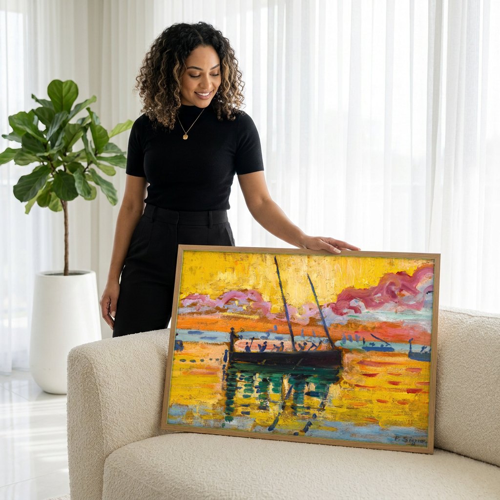 Quadro Decorativo Marinha ao Pôr do Sol - Paul Signac | modelo apresentando o quadro emoldurado
