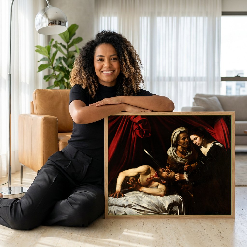 Quadro Decorativo 'Judite Decapitando Holofernes' - Caravaggio | modelo apresentando o quadro emoldurado