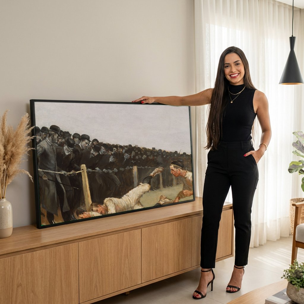 Quadro Decorativo A Partida de Futebol Americano - Frederic Remington com modelo em ambiente