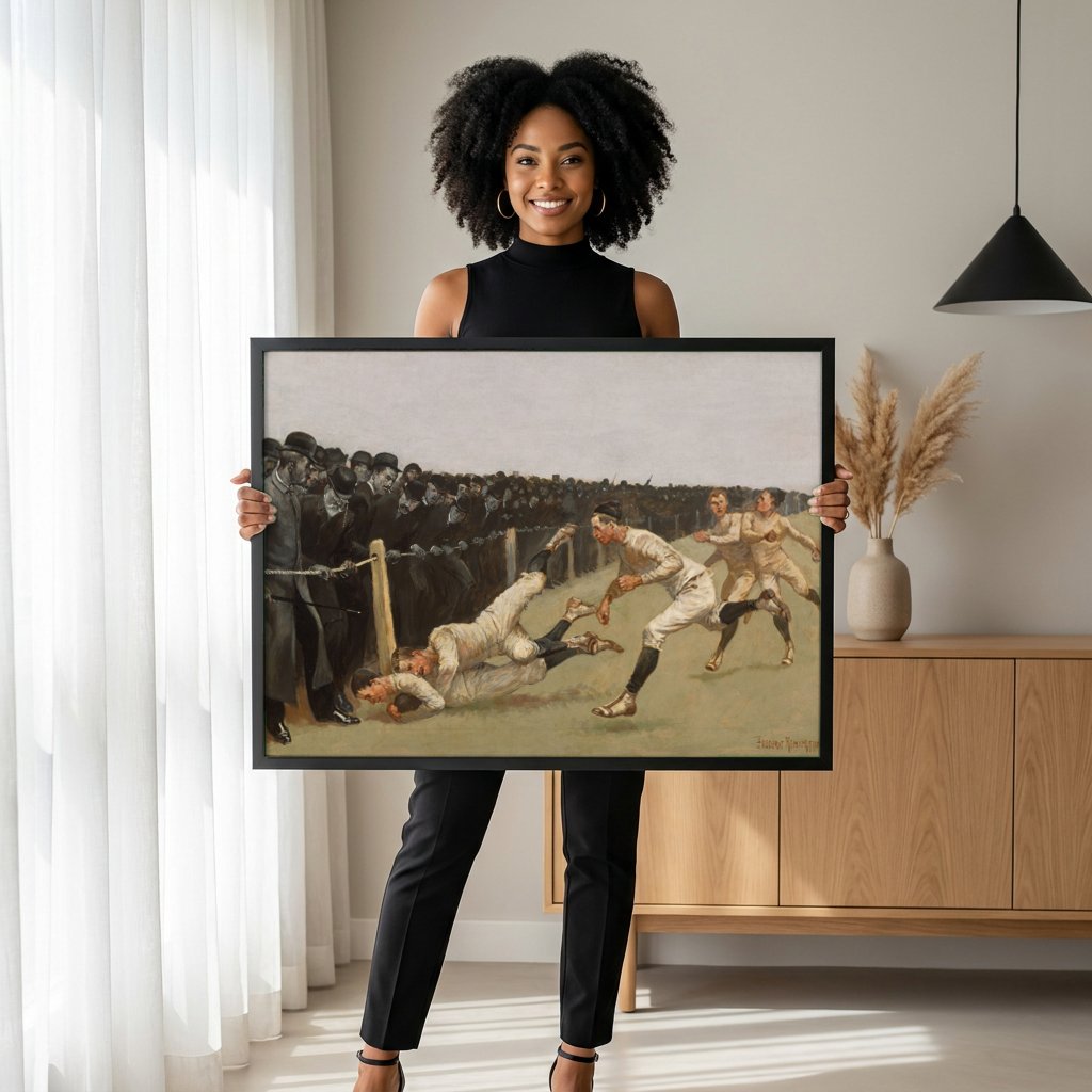 Quadro Decorativo A Partida de Futebol Americano - Frederic Remington com modelo em ambiente