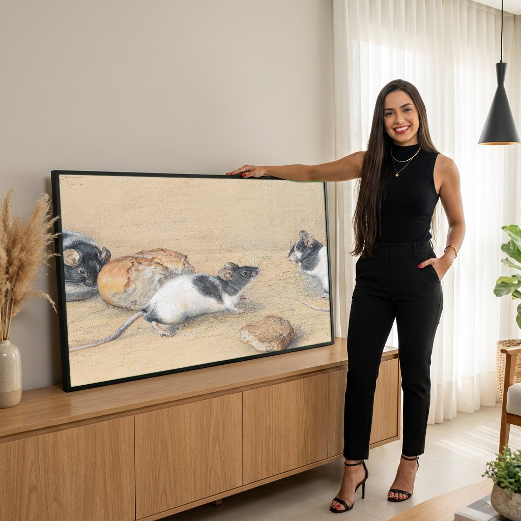 Quadro Decorativo Ratinhos Curiosos - Carl Reichert | modelo apresentando o quadro emoldurado