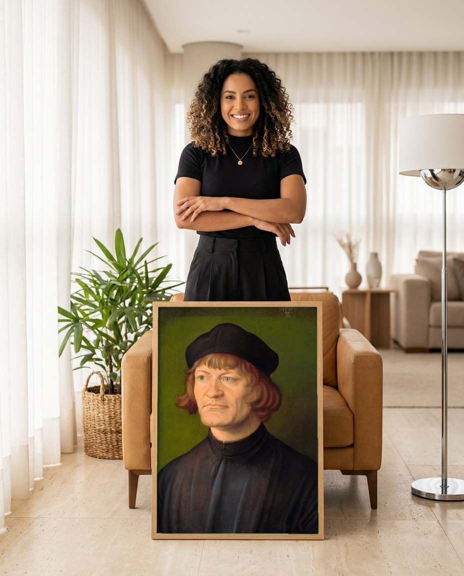 Quadro Decorativo Retrato de um Homem - Albrecht Dürer | modelo apresentando o quadro emoldurado