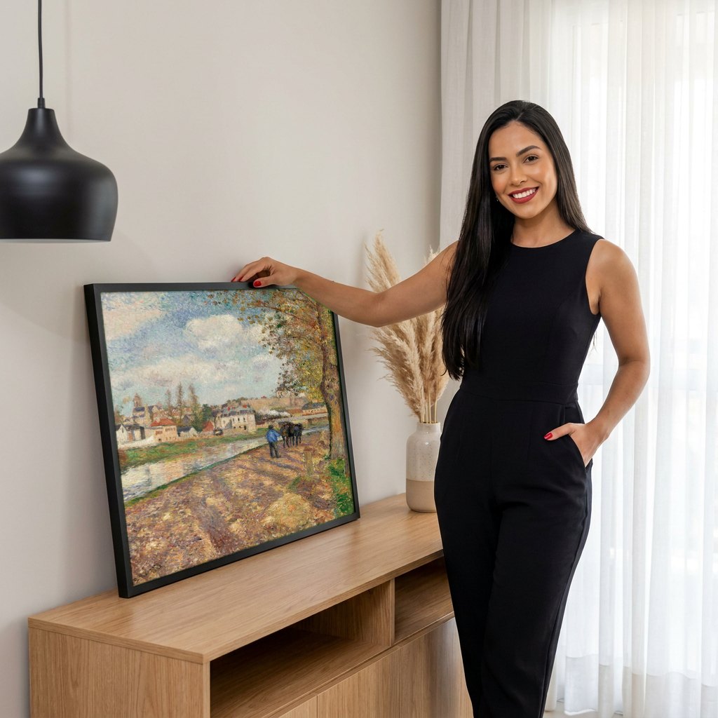 Quadro Decorativo A Chegada das Barcas-Lavadeiras - Camille Pissarro | modelo apresentando o quadro emoldurado