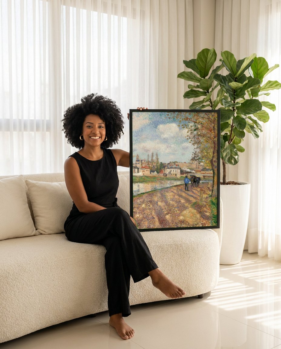 Quadro Decorativo A Chegada das Barcas-Lavadeiras - Camille Pissarro | modelo apresentando o quadro emoldurado