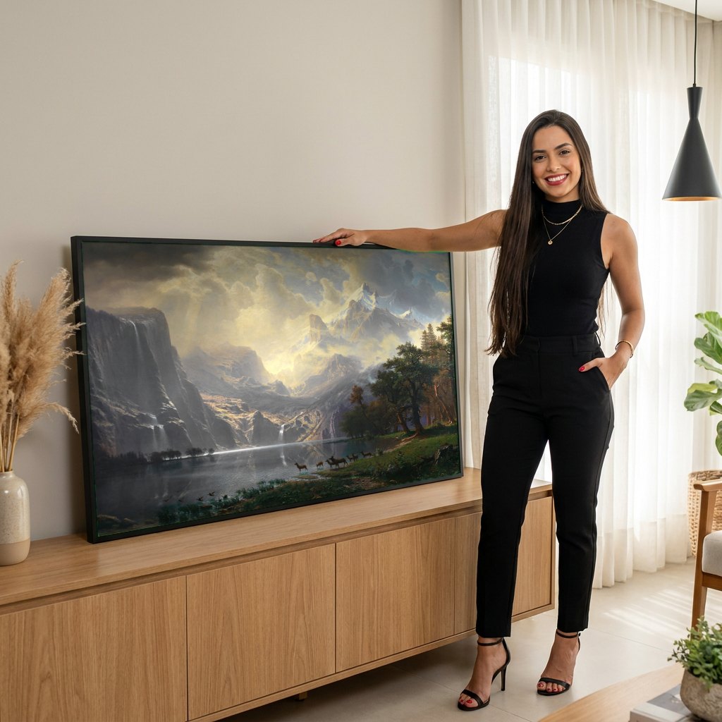 Quadro Decorativo A Luz das Montanhas - Albert Bierstadt | modelo apresentando o quadro emoldurado